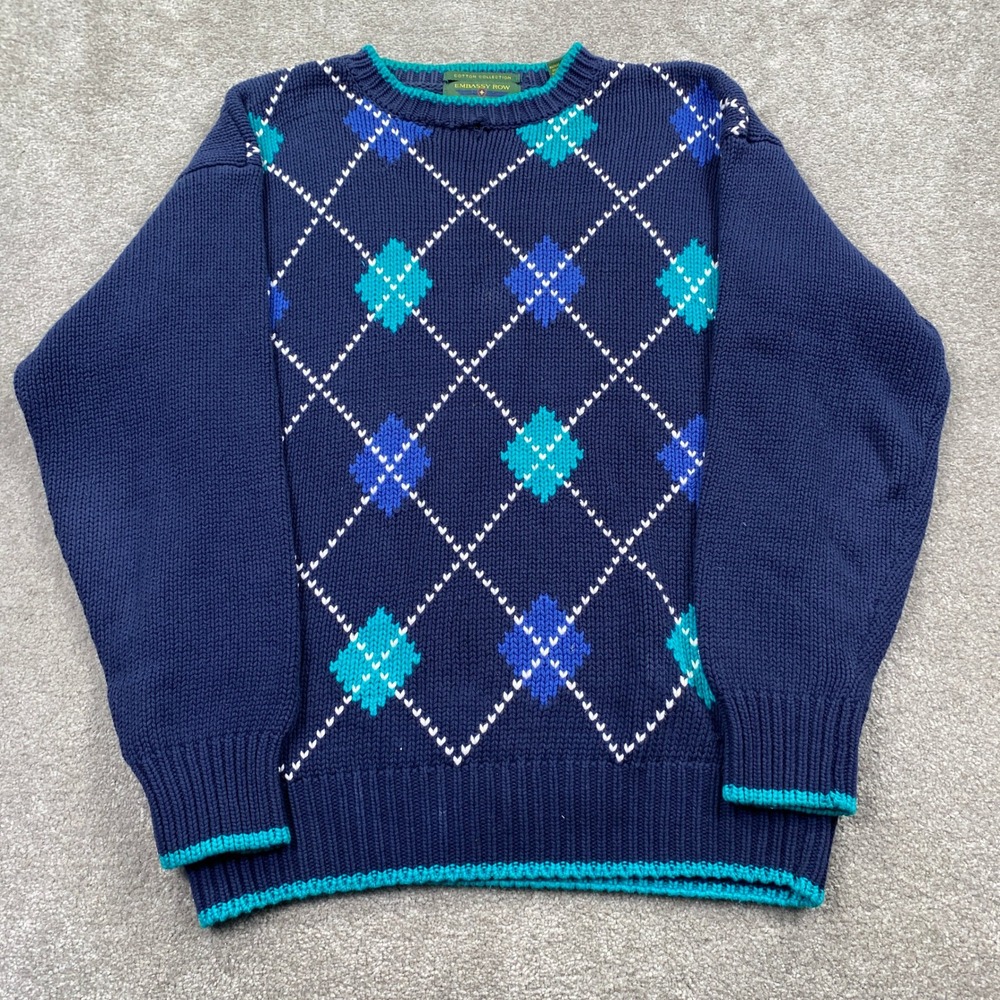 Embassy Row Argyle Knit Sweater Mens Medium Navy Blue Teal 100% Cotton Vintage